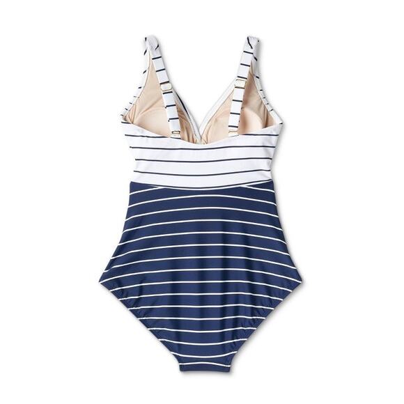 Kona Sol Navy Blue Striped V-Neck Full Coverage One Piece Swimsuit- Size Large - Picture 2 of 2